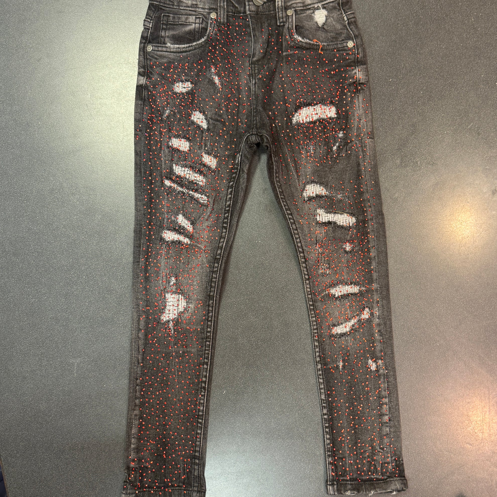 Kids Gray w/ Red Rhinestone Jeans
