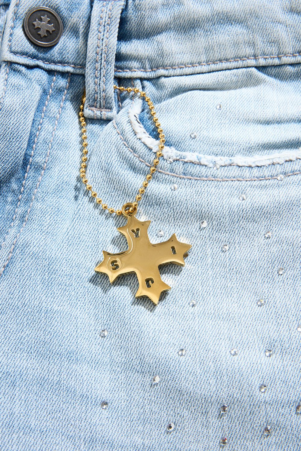 Kids Rhinestones Stacked Jeans - Ice Blue