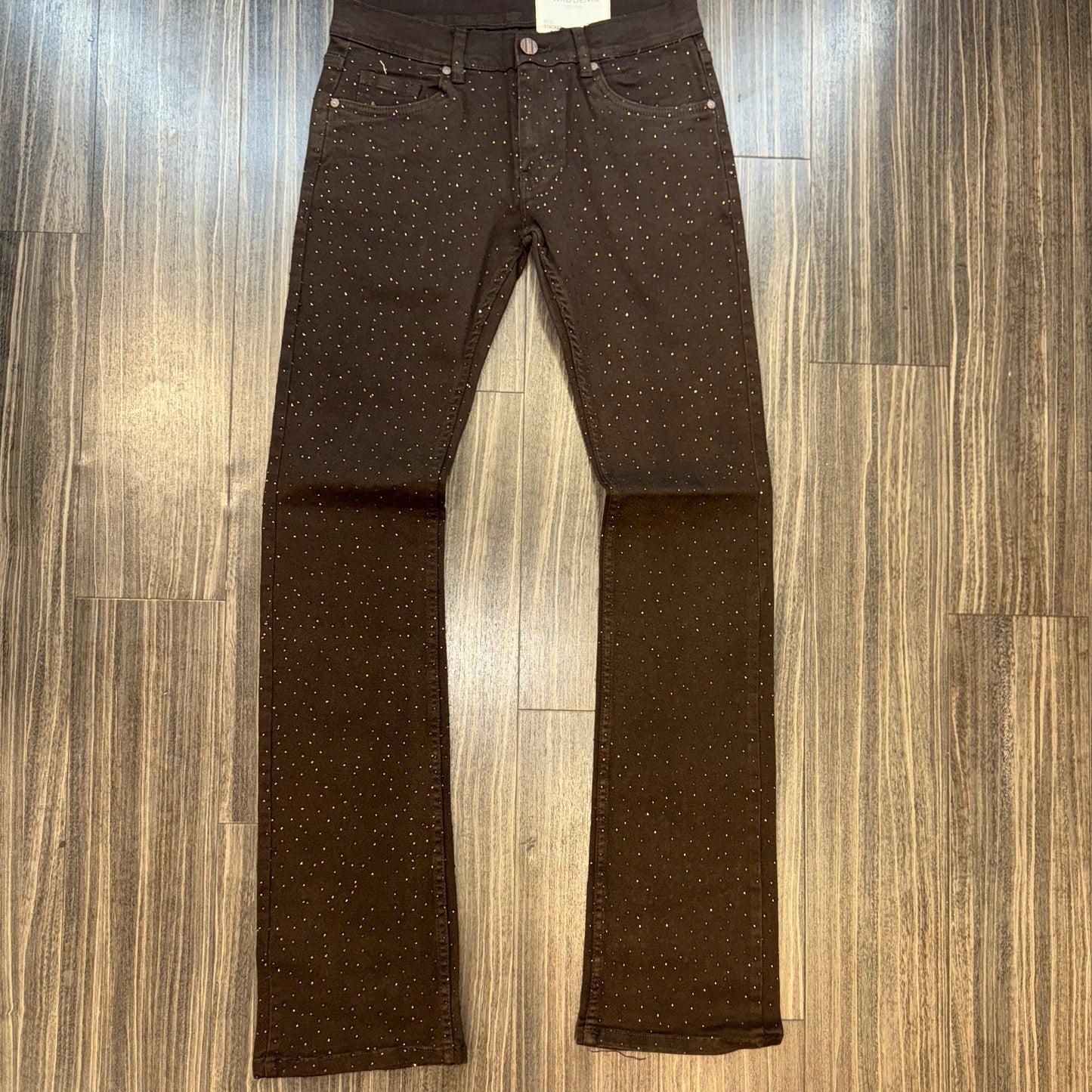 Men Brown Rhinestone Stacked Jeans