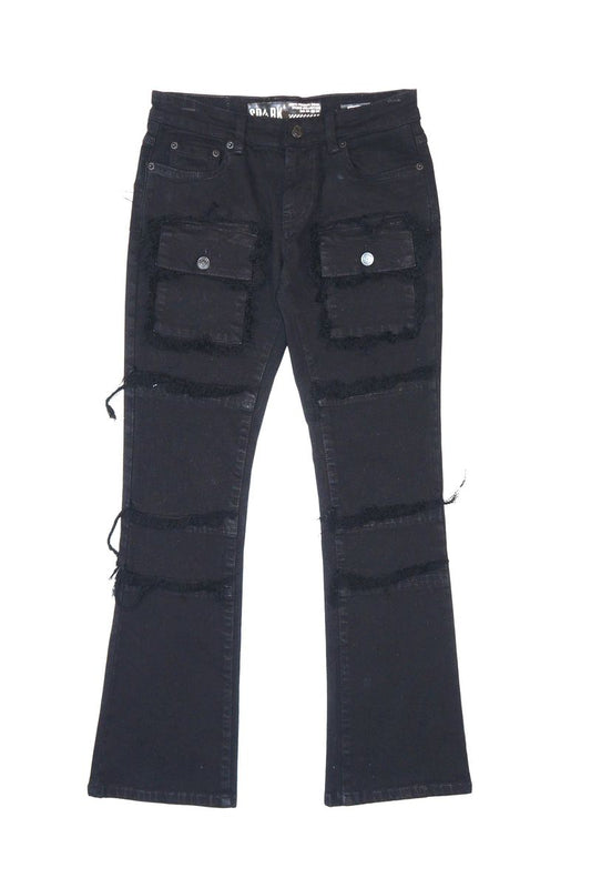 Kids Frayed Blk Pocket Stacked Jeans