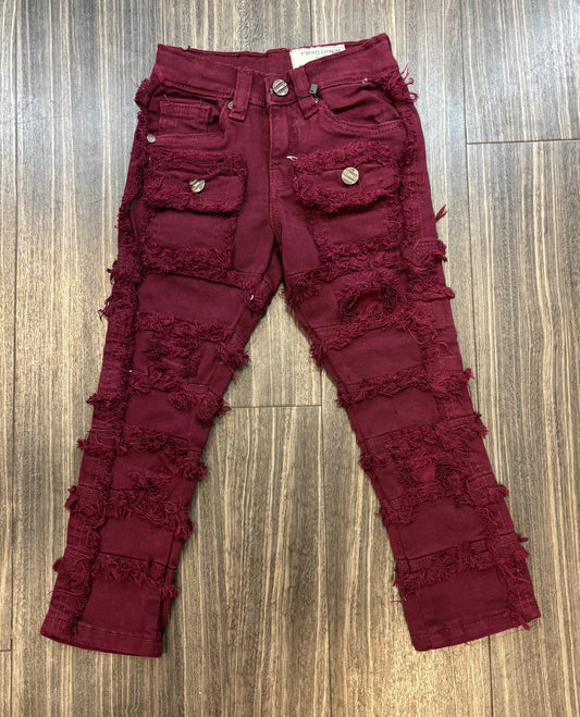 Kids Burgundy Cargo Stacked Jeans