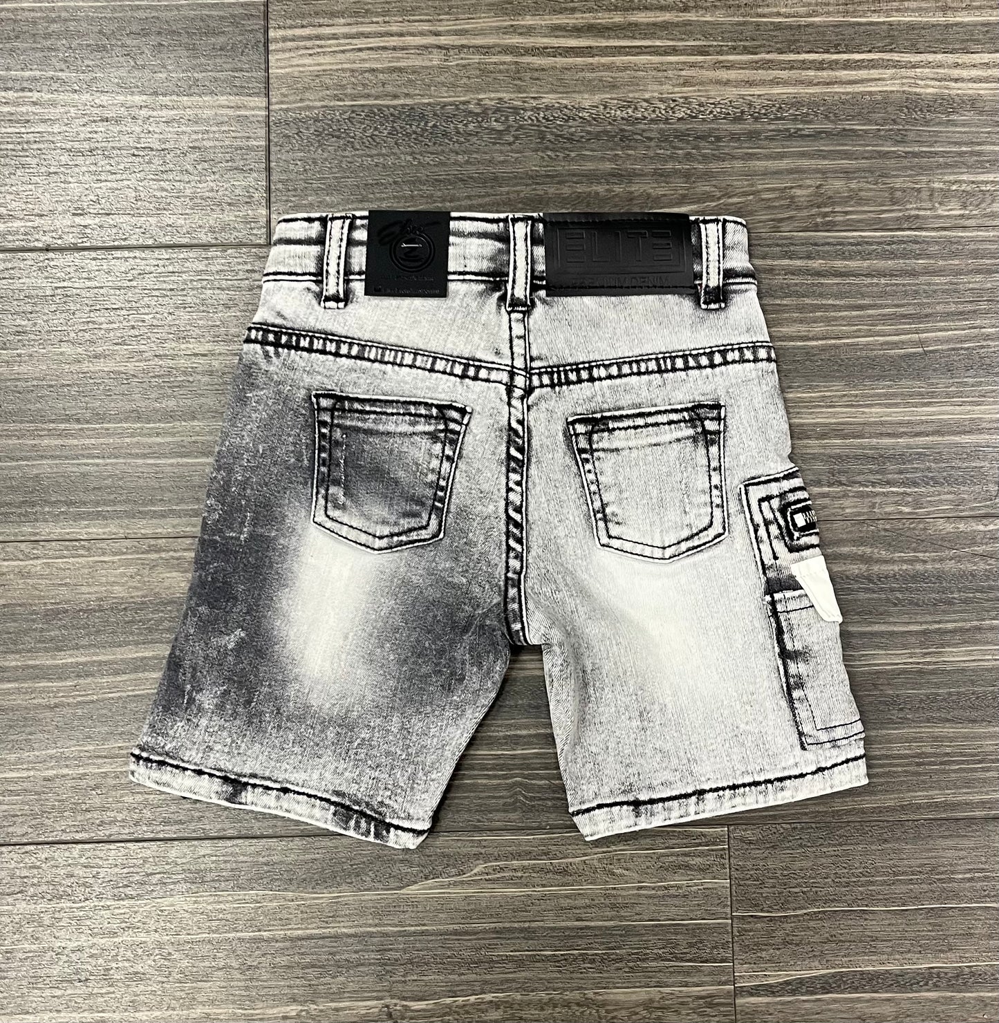 Grey Wash Denim W Leather Shorts