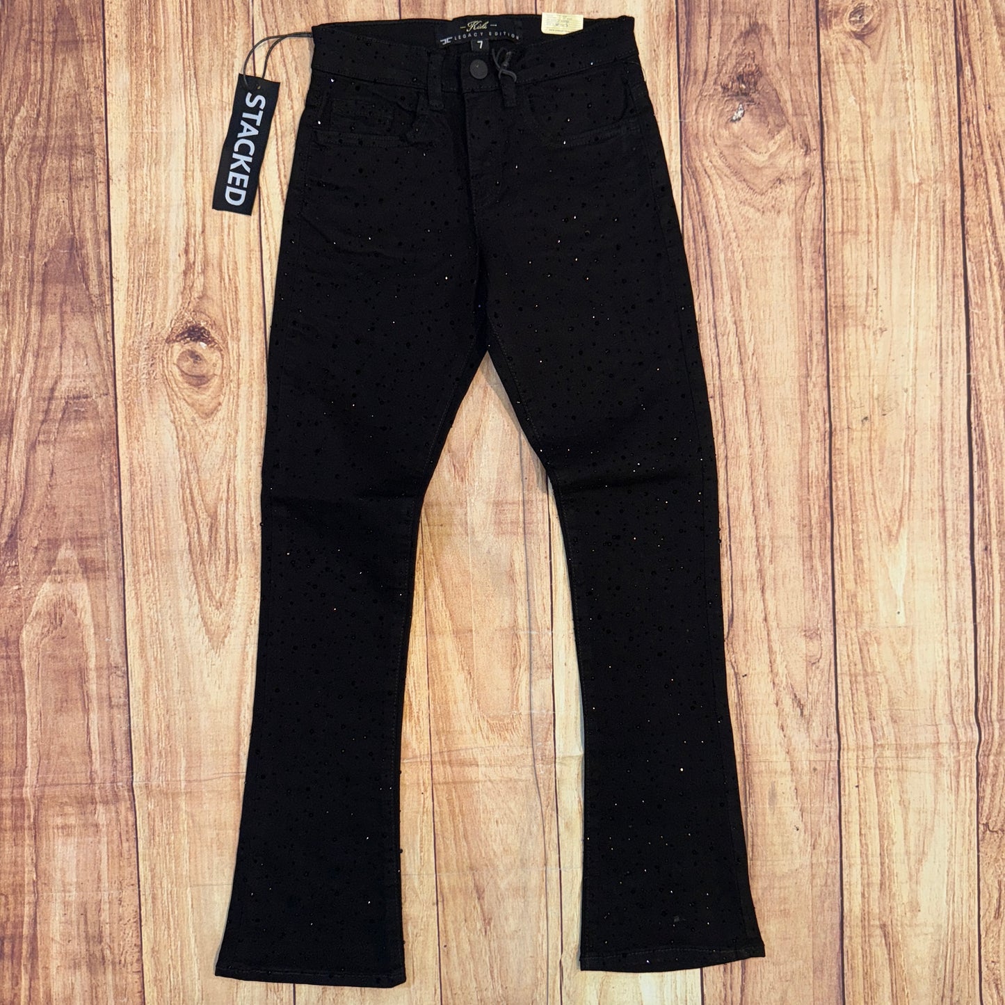 Blk Full Rhinestone Stacked Jeans