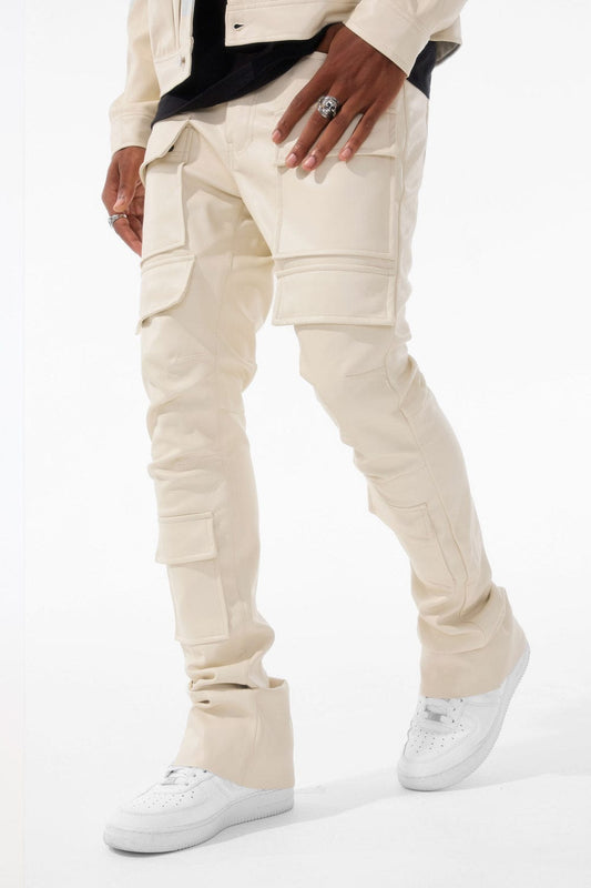 Cargo Vegan PU Leather Stacked Jeans - Cream