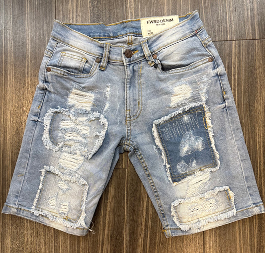 Evo Kids Ice Blue Patch Distress Shorts