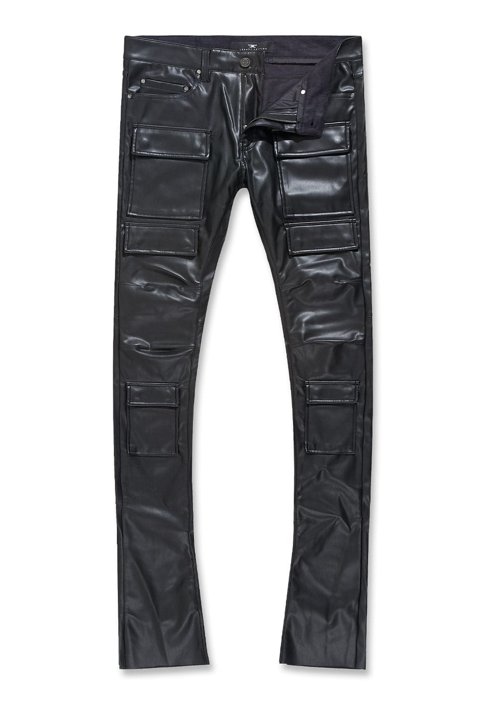 Cargo Vegan PU Leather Stacked Jeans - Black