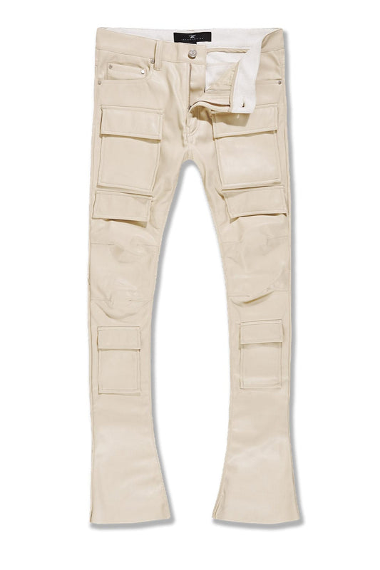 Cargo Vegan PU Leather Stacked Jeans - Cream