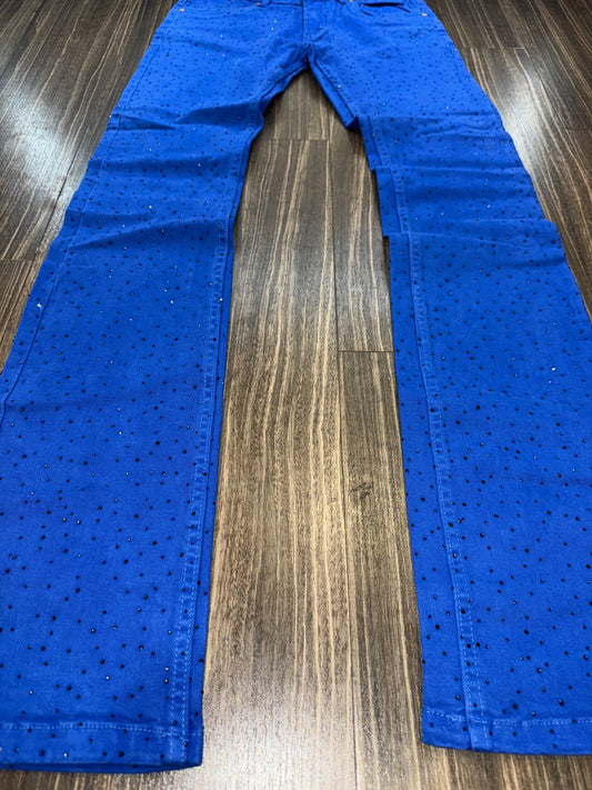 Men Blue Rhinestone Stacked Jeans