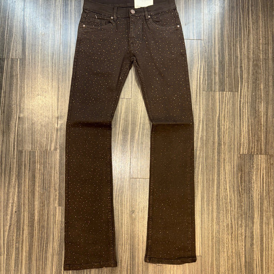 Men Brown Rhinestone Stacked Jeans