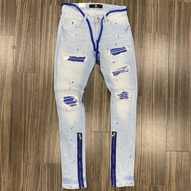 Focus Stringed Jeans with Side Leg Zipper - Light Wash/Blue