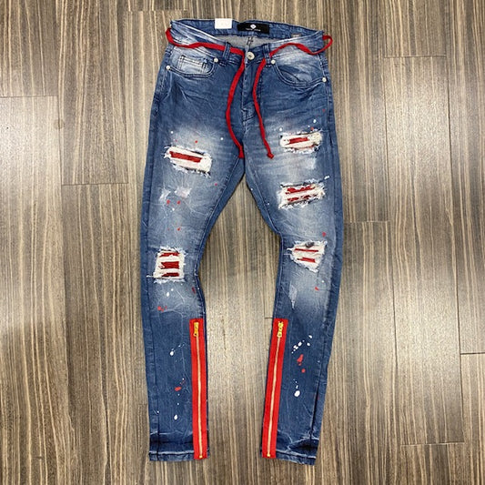 Focus Stringed Jeans with Side Leg Zipper - Med Blue/Red