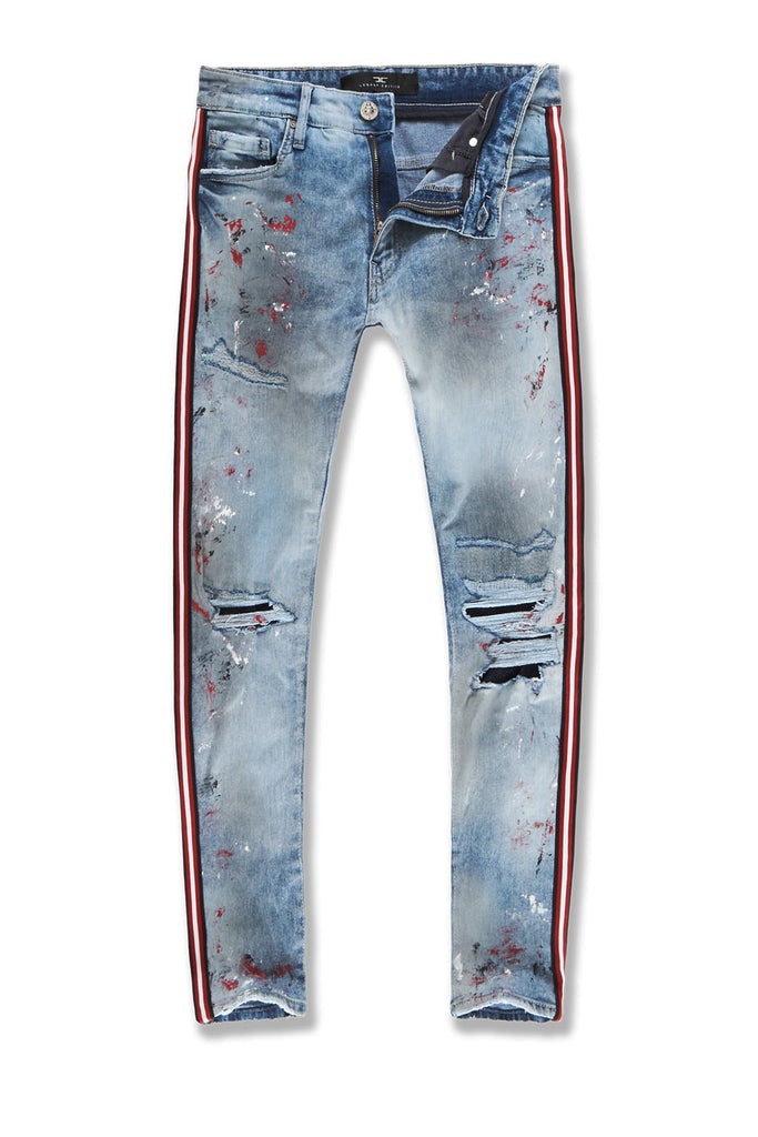 Carmine Red & White Striped Jeans